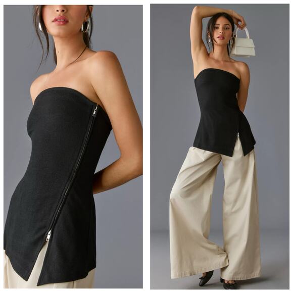Anthropologie Maeve Asymmetrical Zipper Tube Top Black Size Small Quiet Luxury - Picture 1 of 11